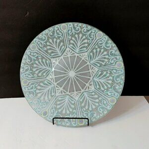 Higgins Mid Century Art Glass Plate 11" Fused Starburst Design, Aqua Gold Purple